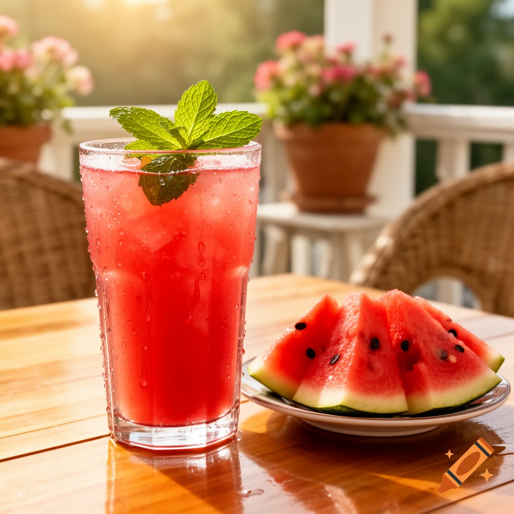 A refreshing glass of iced watermelon juice with mint and watermelon slices on a sunny outdoor table.