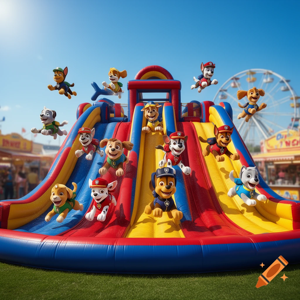 Numerous animated dog characters resembling Paw Patrol slide and float around a large, colorful inflatable slide at an outdoor fairground on a sunny day.
