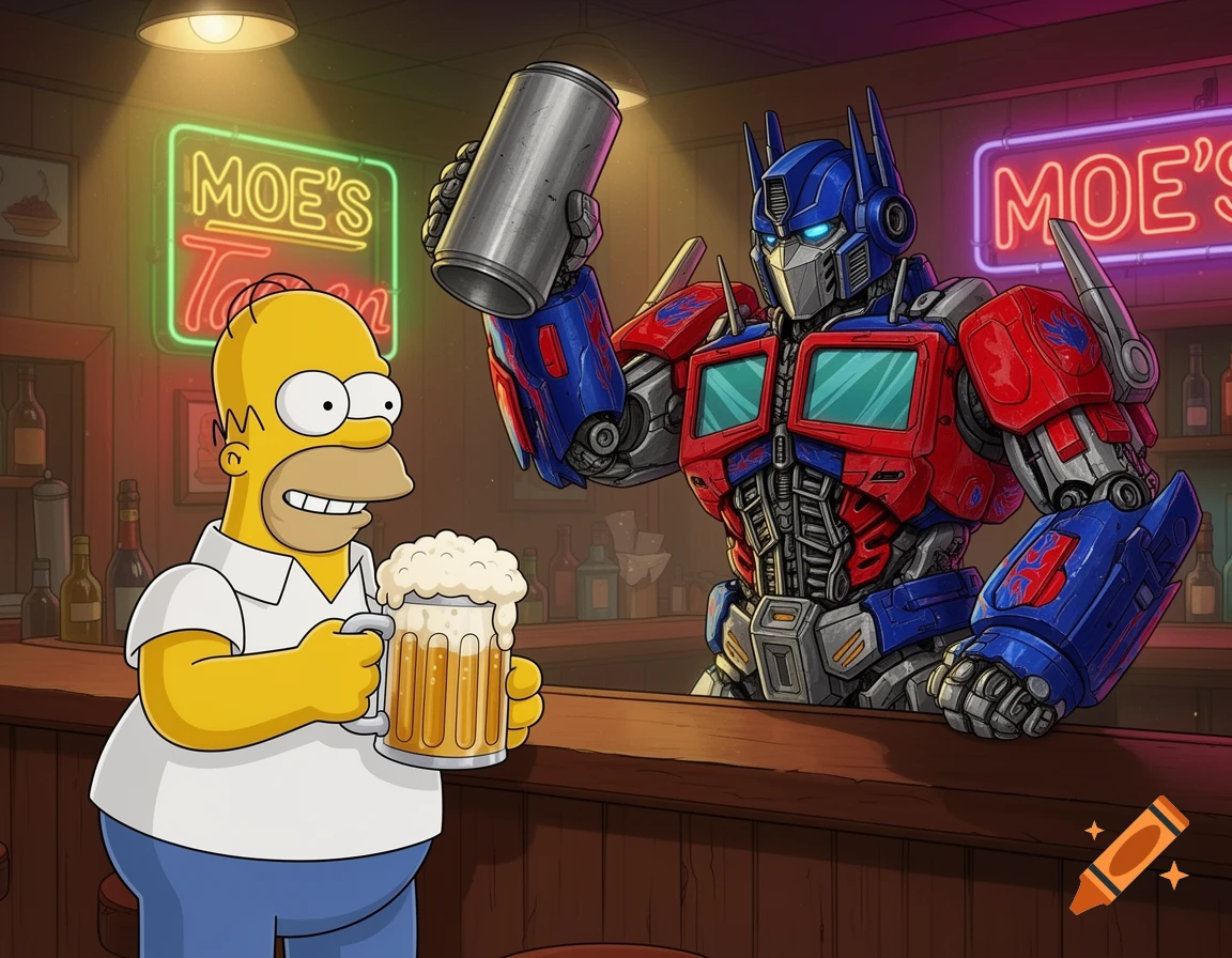 Homer Simpson and Optimus Prime drinking at Moe's Tavern in a cartoon style.