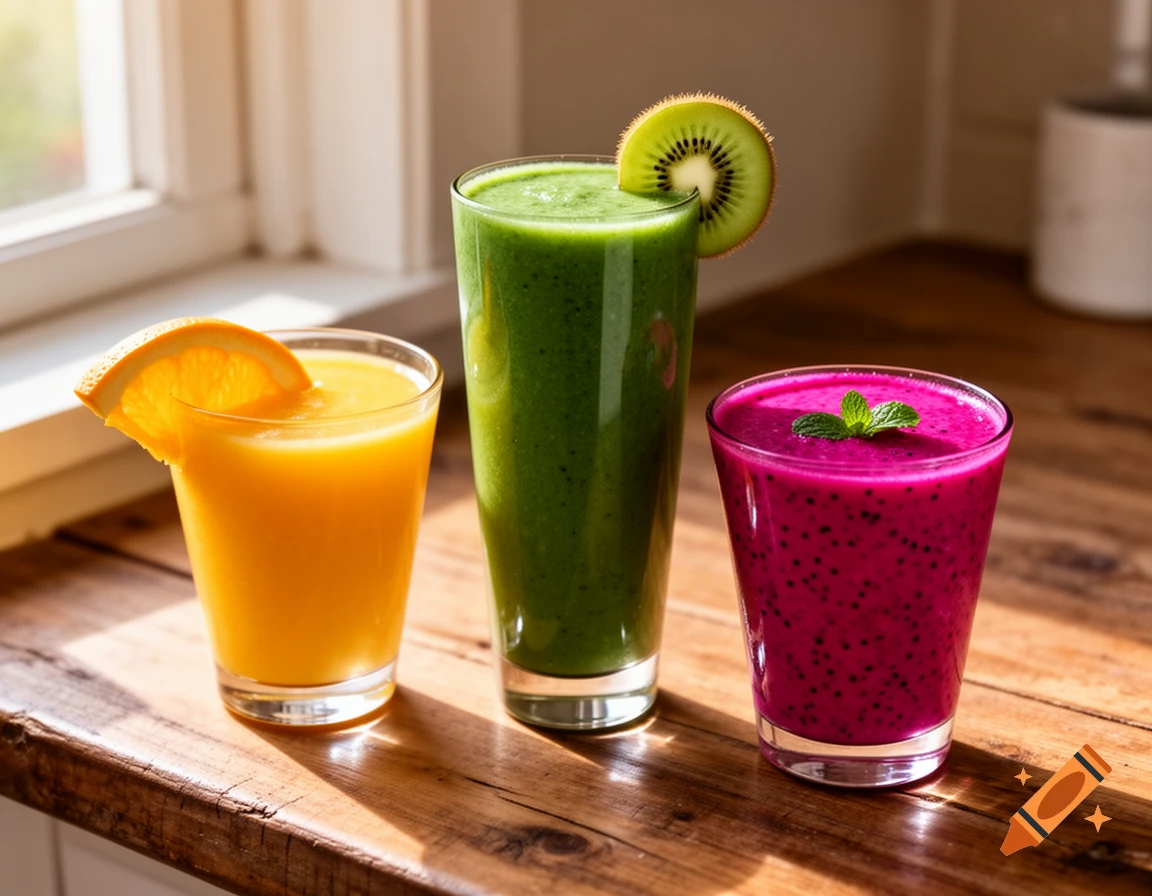 Three photorealistic glasses of colorful smoothies: orange, green, and pink, garnished with orange, kiwi, and mint on a wooden table.