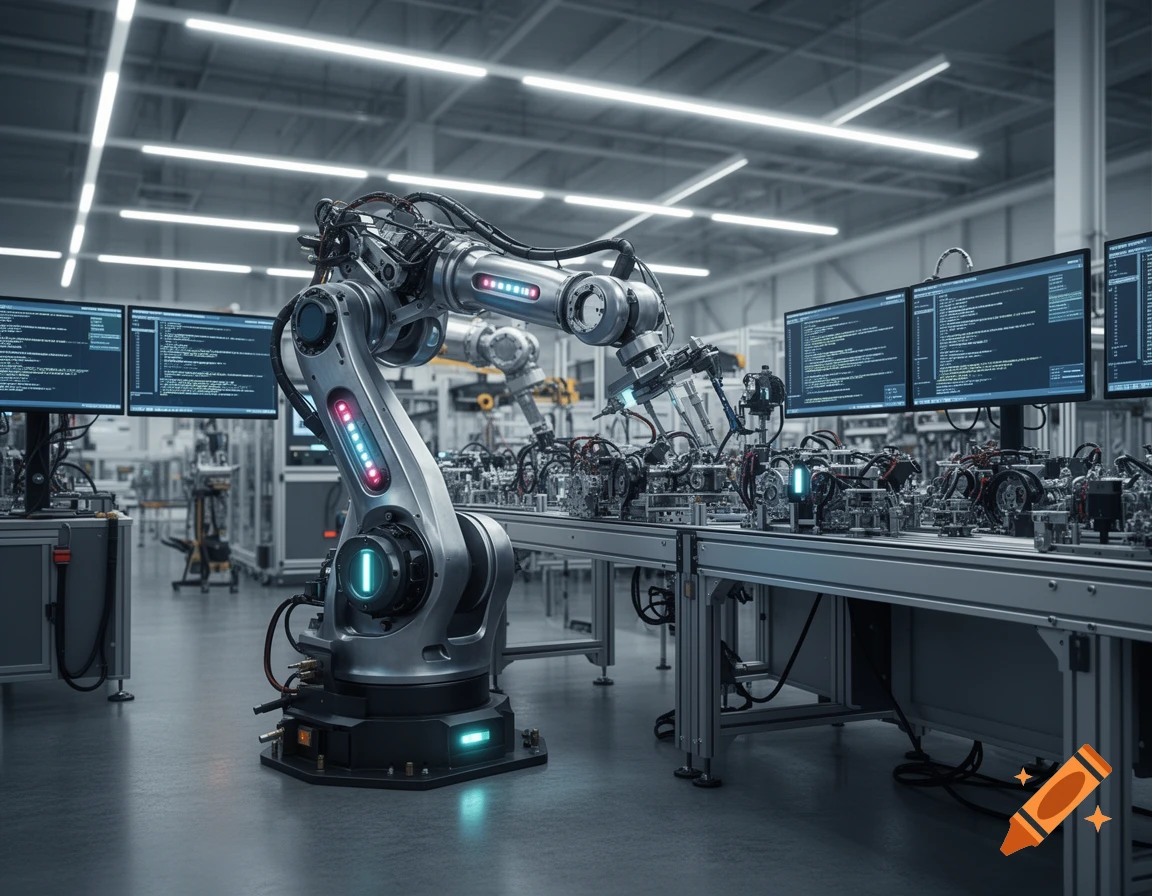 Photorealistic image of a futuristic robotic arm with glowing lights on an assembly line in a clean factory with computer monitors.