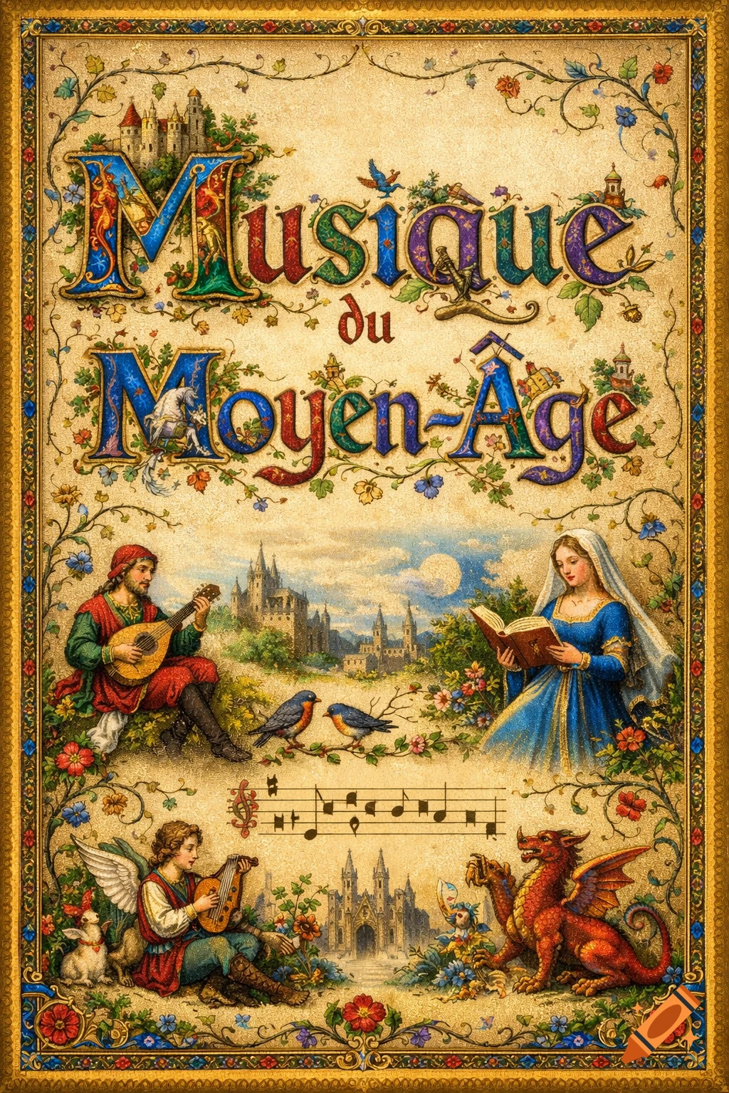 Medieval illuminated manuscript art with title 'Musique du Moyen-Âge', showing musicians, an angel, dragon, and castles.