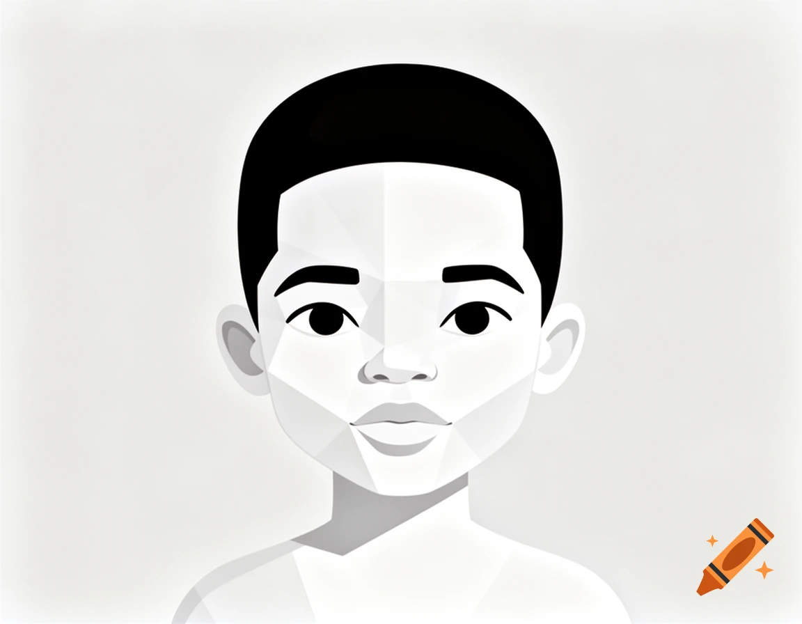 Minimalist vector art portrait of a boy with black hair and light skin, featuring geometric facets and a neutral expression.