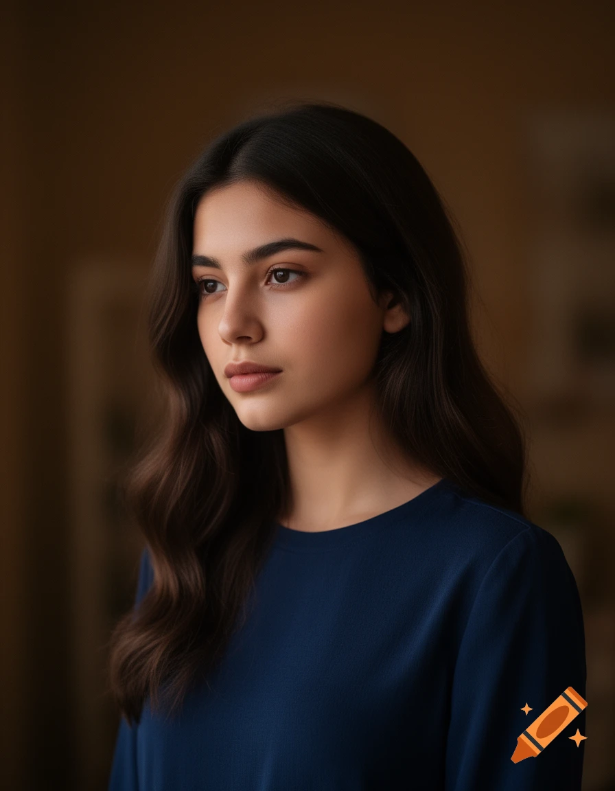 A close-up, photorealistic portrait of a young woman with long dark ...