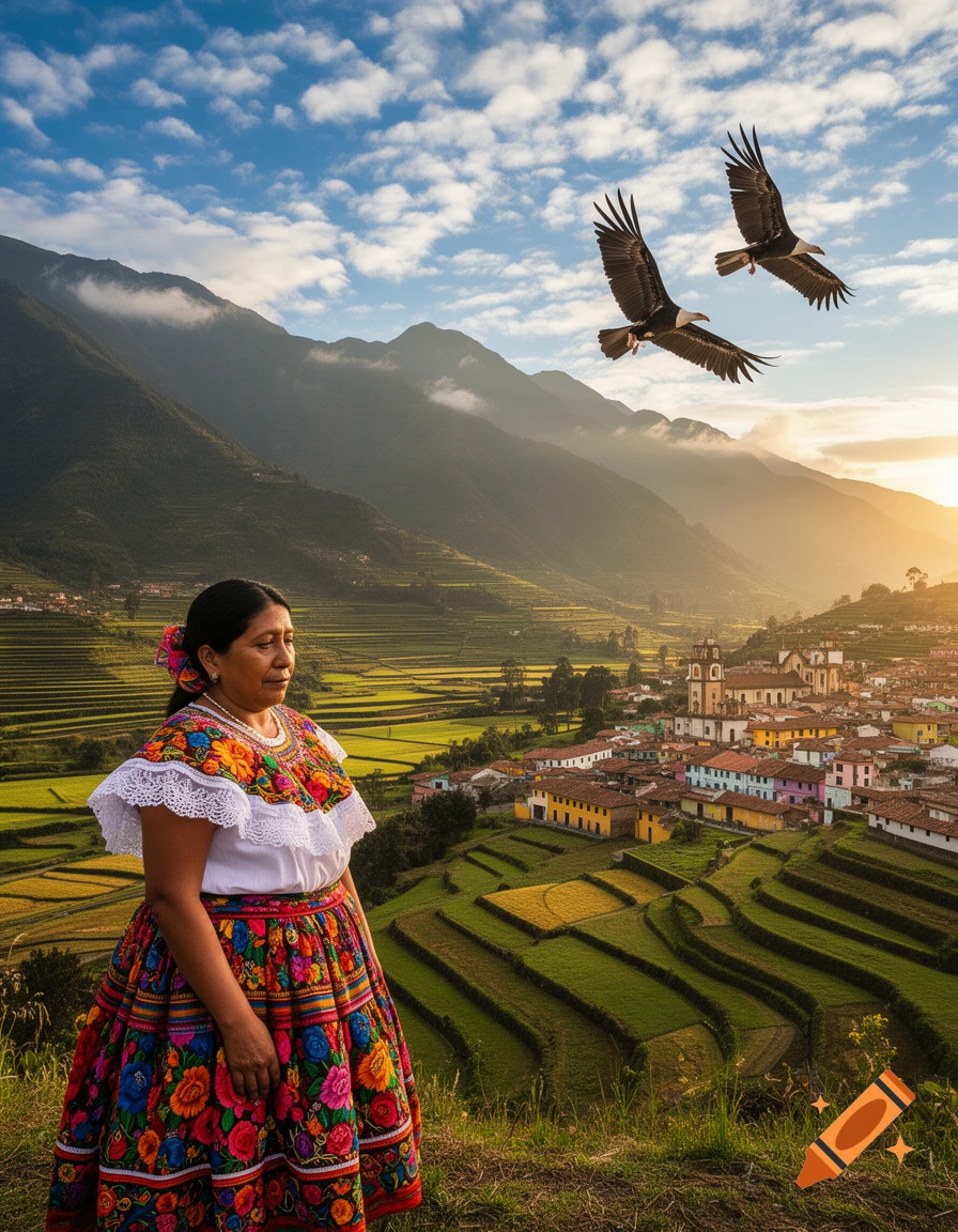 Woman in colorful traditional dress overlooking an Andean village and terraced fields, with two condors flying in a mountain sunset.