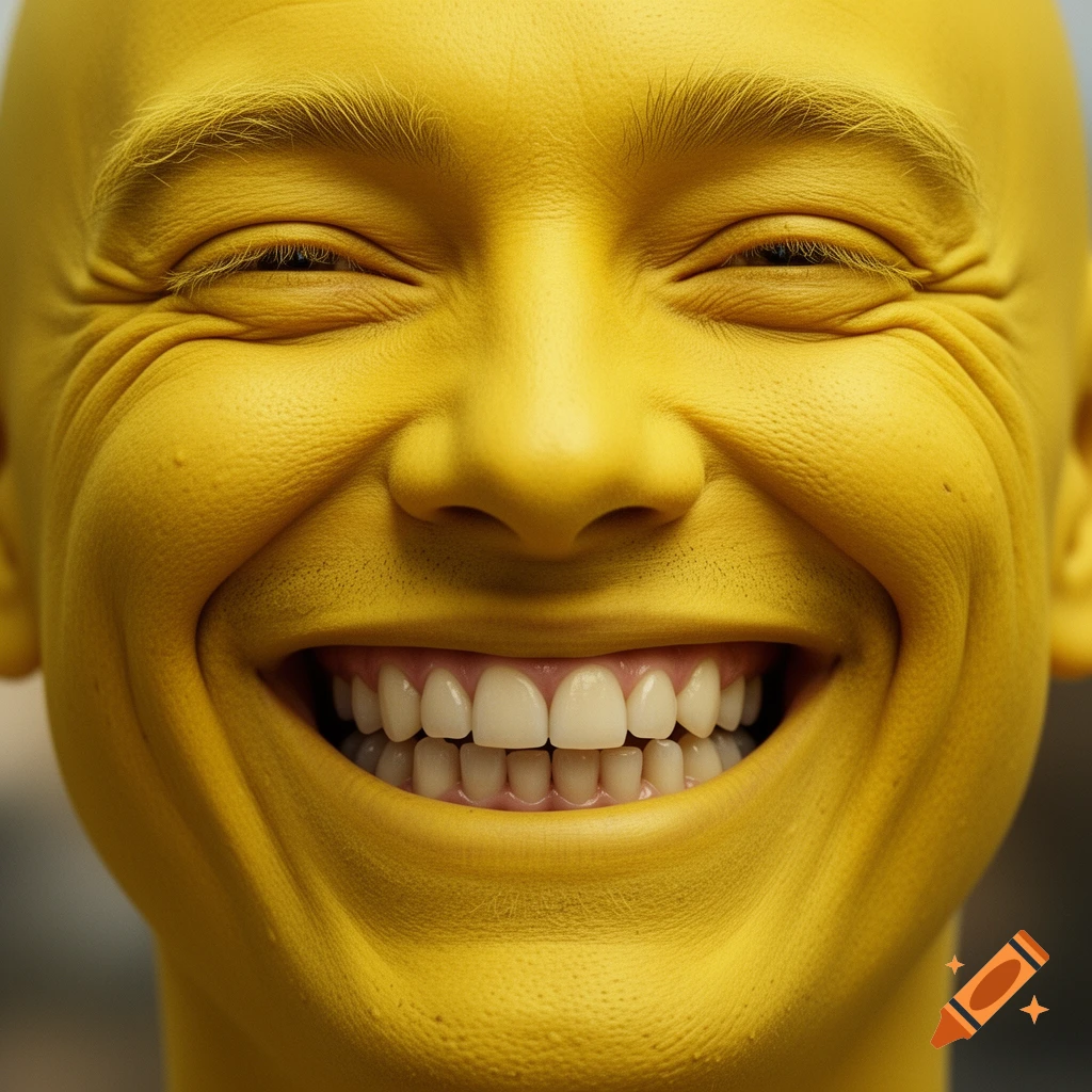 Close-up hyperrealistic portrait of a person with yellow skin smiling broadly, showing uneven teeth and wrinkles around the eyes.
