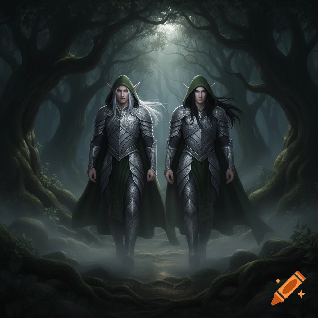 Two armored elves with hoods, one with white hair and one with dark hair, walk through a misty, dark forest with sunlight filtering through the canopy.