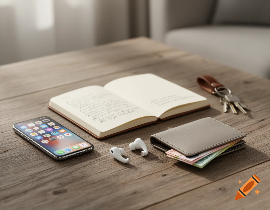 A flat lay image of daily essentials on a wooden table, including a smartphone, earbuds, a wallet with money, an open notebook, and a set of keys.
