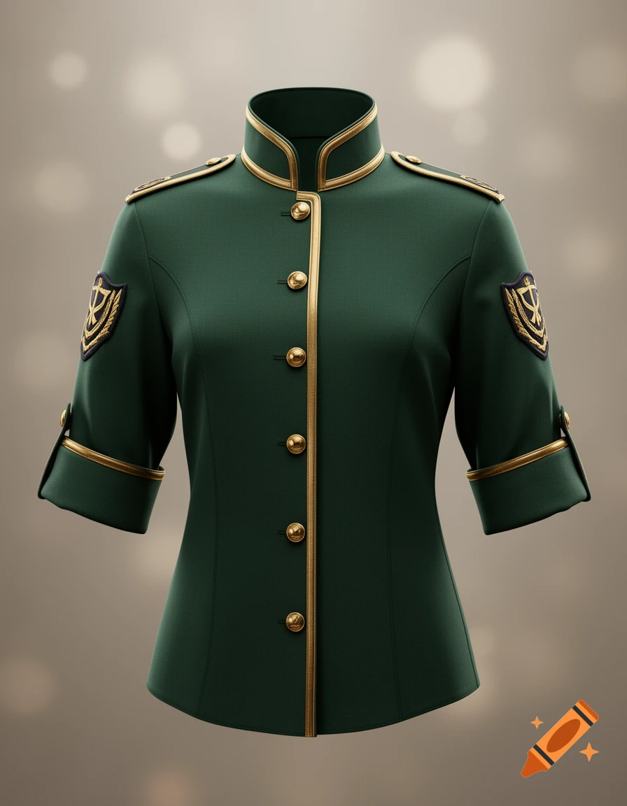 Photorealistic green uniform jacket with gold trim, gold buttons, sleeve patches, and a high collar.