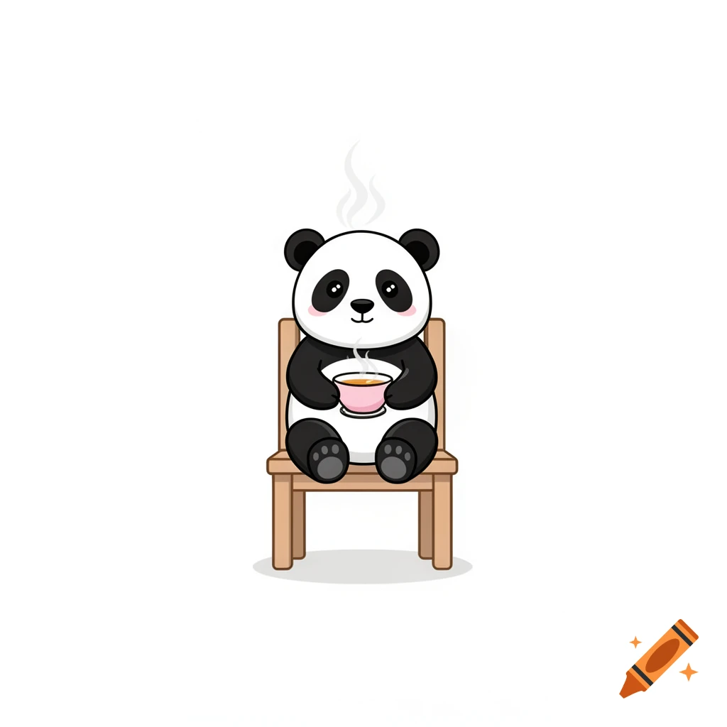 A cute cartoon panda sits on a wooden chair, holding a pink cup of steaming tea on a white background.