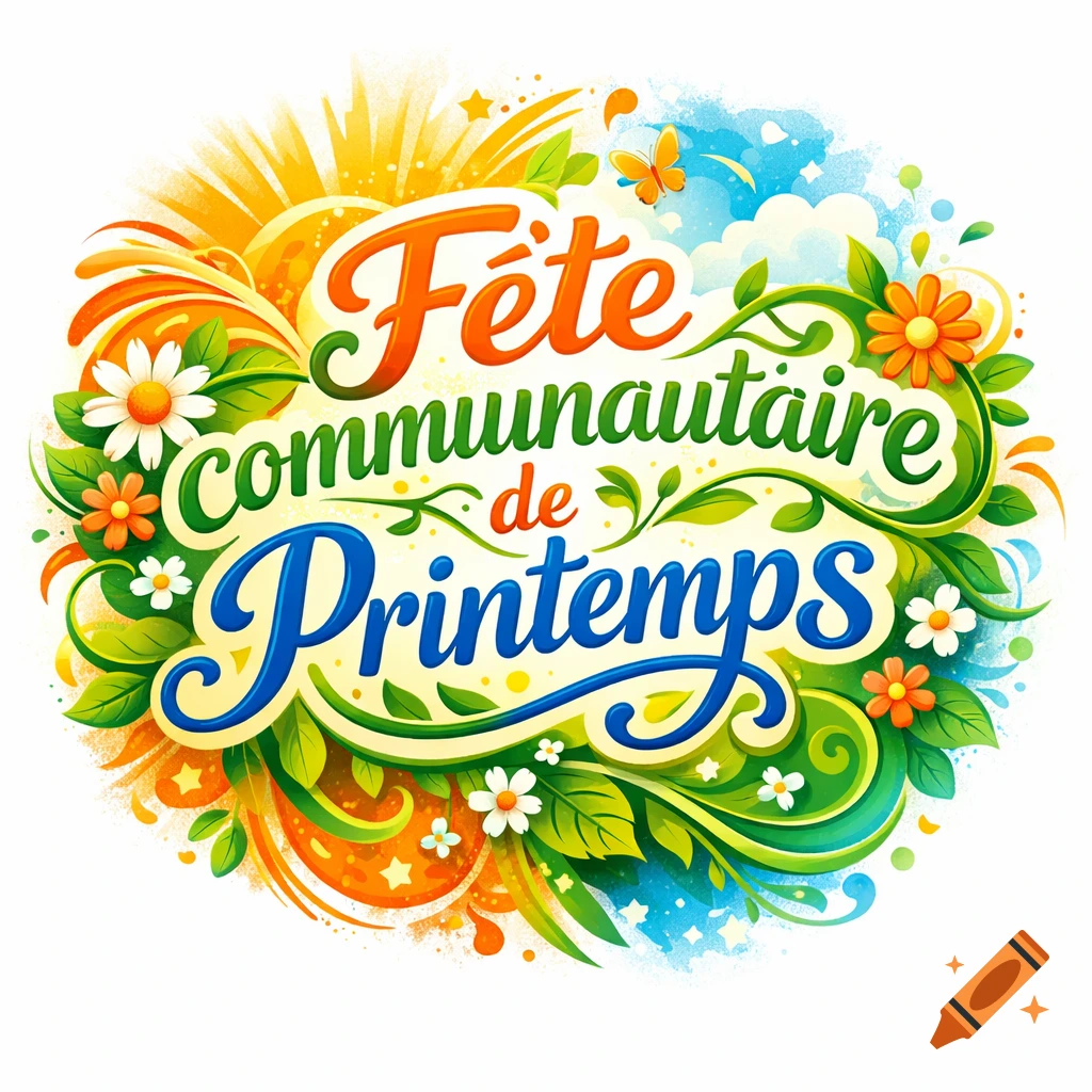 A vibrant, colorful logo for "Fête communautaire de Printemps" (Spring Community Festival) with flowers, leaves, and a butterfly.