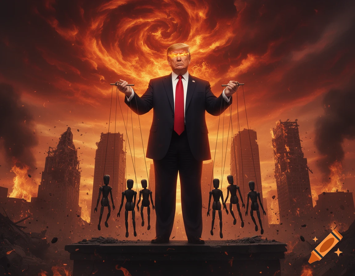 Donald Trump with glowing eyes acts as a puppet master, controlling several small figures against a fiery, apocalyptic city skyline.