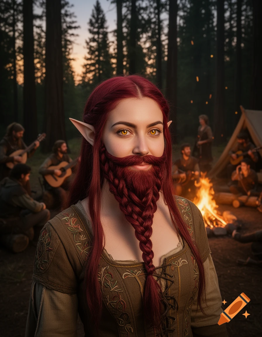 Photorealistic half-elf female bard with red hair braided as a beard and golden eyes, at a campfire with a traveling troupe.