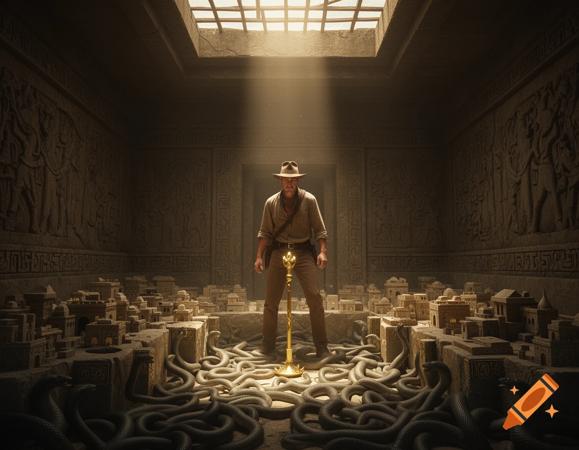 Indiana Jones-like adventurer stands in a dimly lit, ancient stone chamber filled with miniature city models and coiled snakes, illuminated by a sunbeam from above.