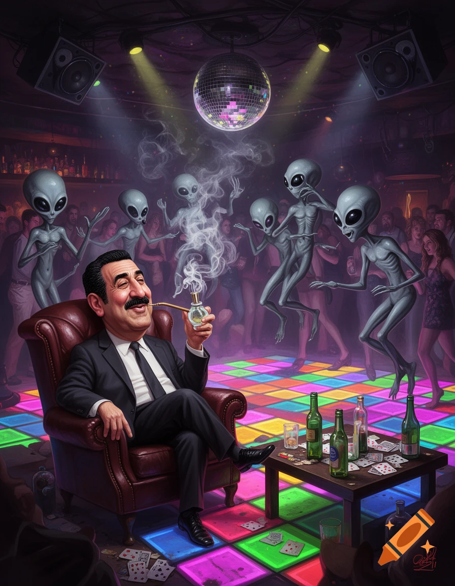 A detailed illustration of a caricature resembling Saddam Hussein smoking a pipe while relaxing in an armchair at a vibrant disco club, surrounded by dancing grey aliens.