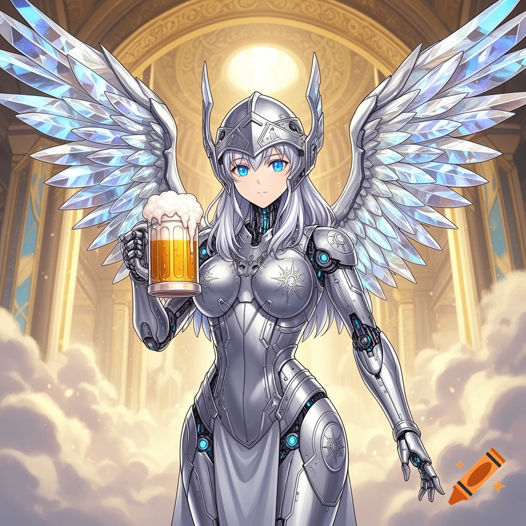 Anime valkyrie cyborg with metallic wings and blue eyes holding a mug of beer in a golden hall.