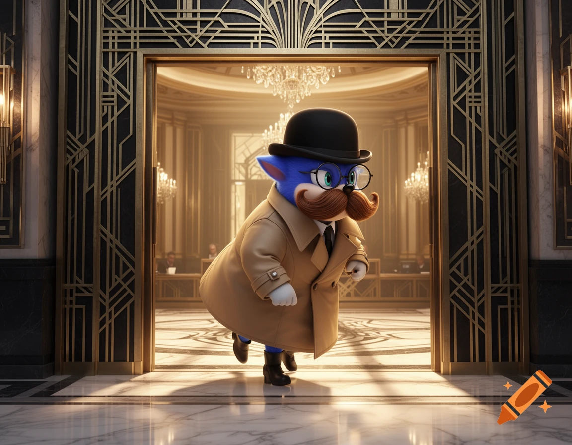 A blue, cat-like detective in a trench coat, bowler hat, glasses, and fake mustache sneaks through an ornate Art Deco building.