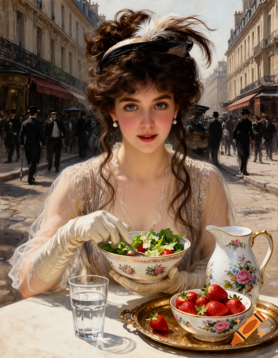 A young woman in 1890s attire eats a salad at an outdoor cafe on a bustling Parisian street in an oil painting style.