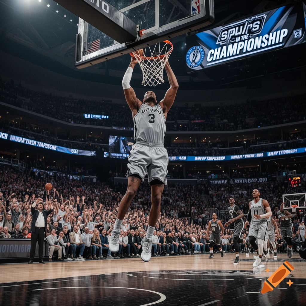 A basketball player in a light grey Spurs jersey dunks a ball in a large, crowded stadium, with 'Spurs in the Championship' on the jumbotron.