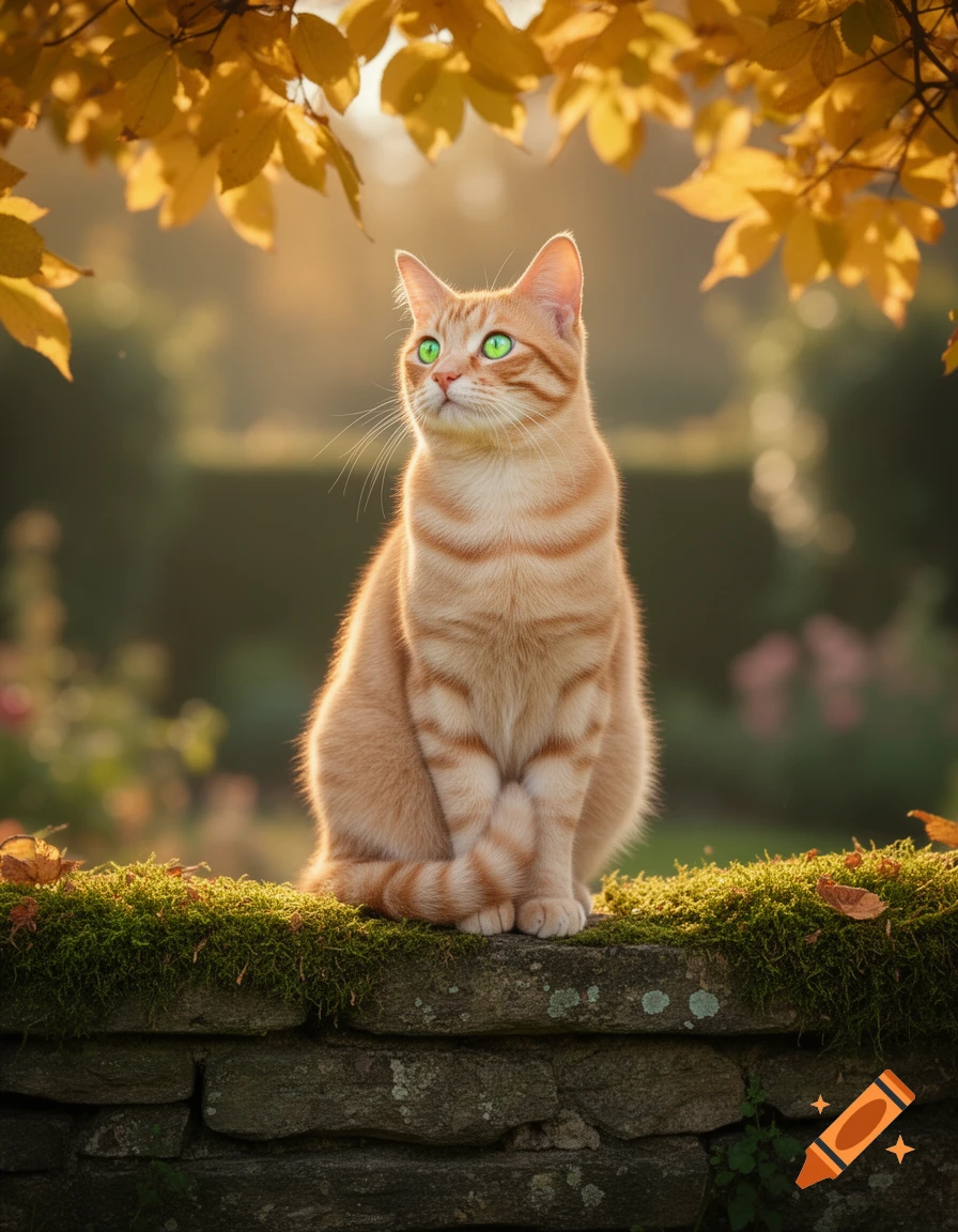 A photorealistic ginger tabby cat with bright green eyes sits on a ...