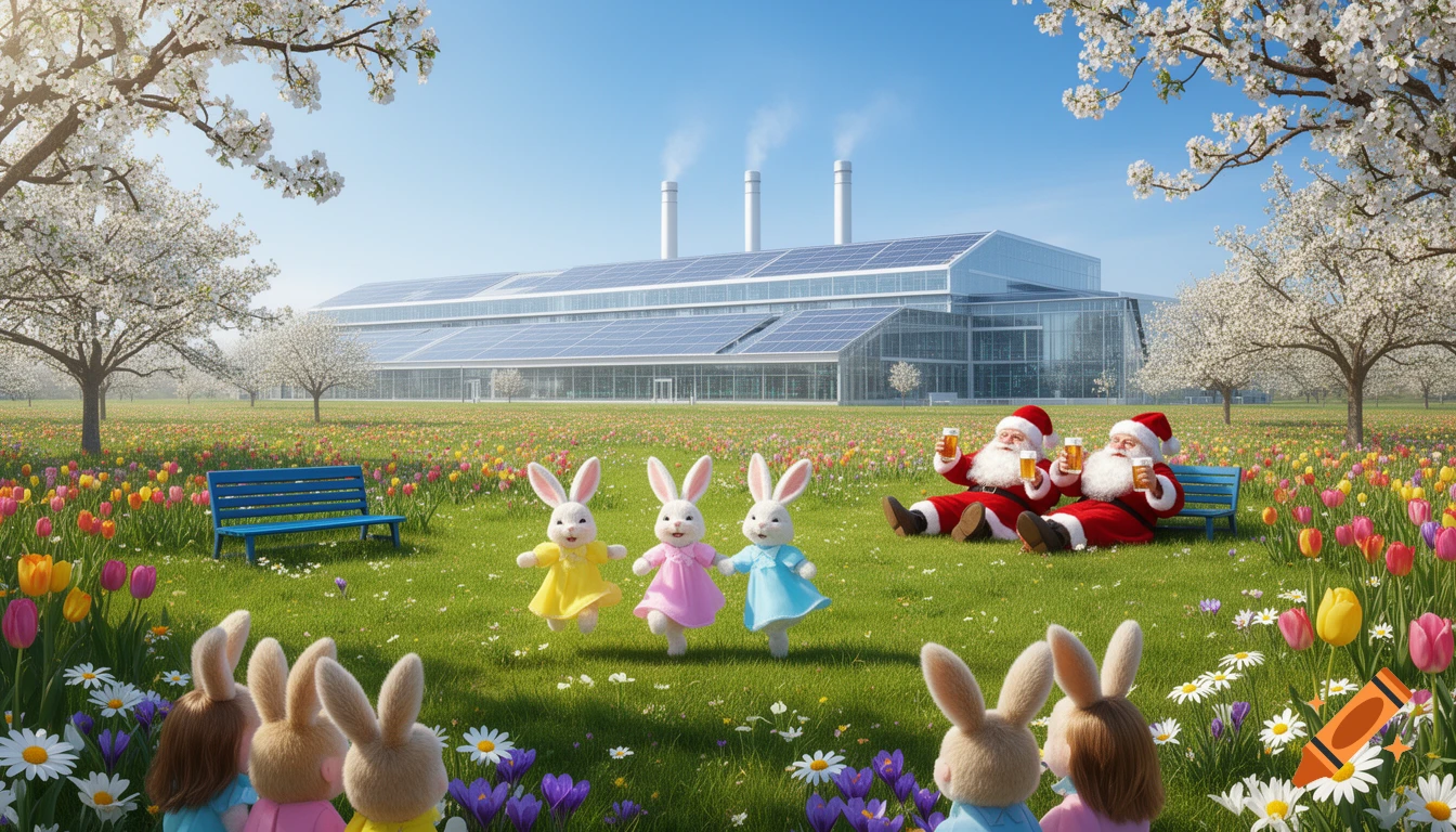 Three dancing Easter bunnies in a colorful spring meadow with a modern data center in the background. Two Santas relax with beer, while bunny children watch in the foreground.