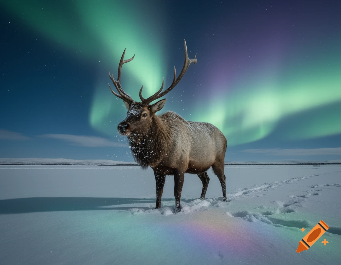 A majestic elk stands in a snowy landscape under a vibrant green and purple aurora borealis.