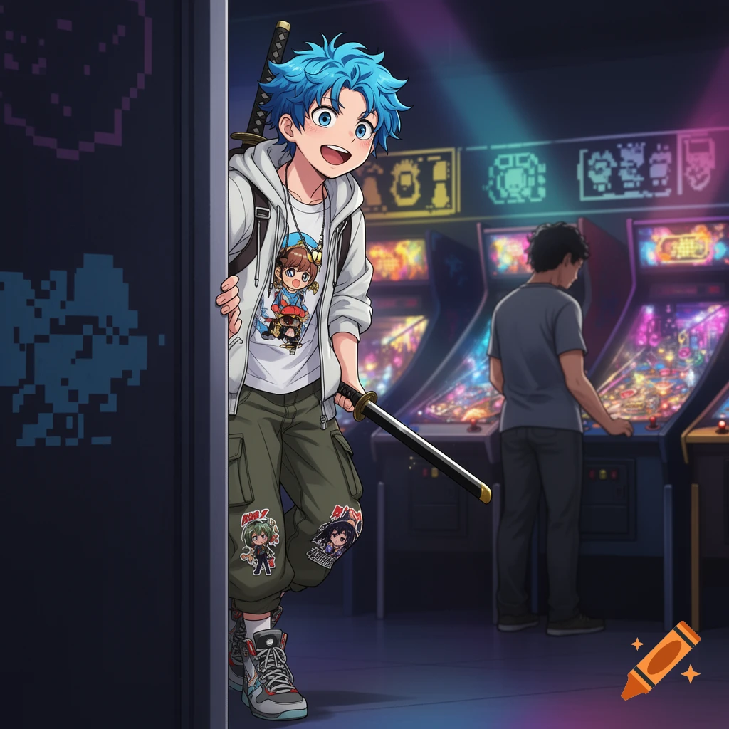 An anime boy with blue hair, a samurai sword, and an anime t-shirt peeks into an arcade where a man plays pinball.
