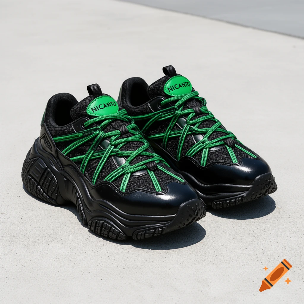Pair of black sneakers with bright green laces and 'NICANTO' branding on the tongue, sitting on a light gray surface.