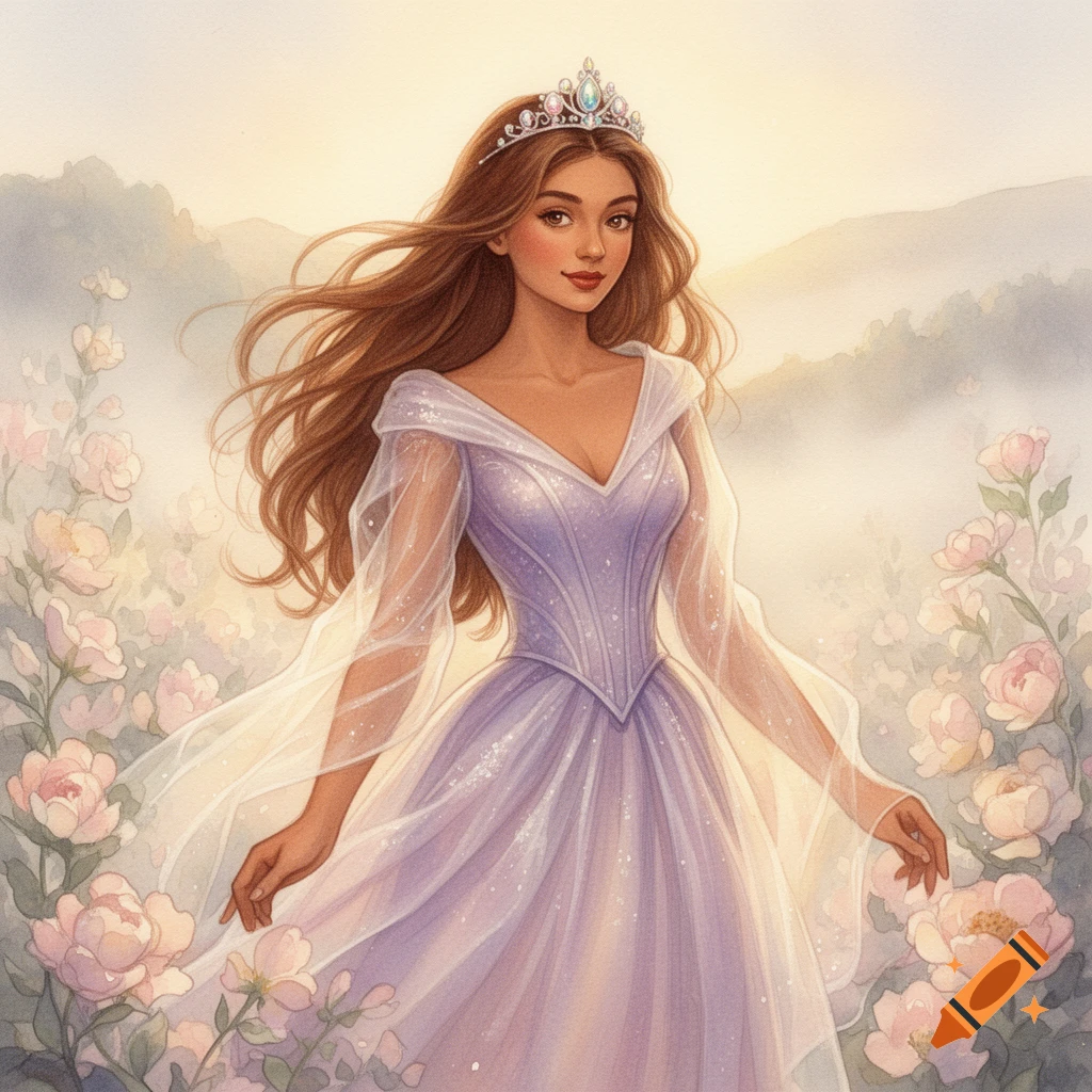 Watercolor art of a princess with brown hair and tan skin, wearing a sparkling lavender gown and tiara, standing among pink flowers with misty mountains behind her.