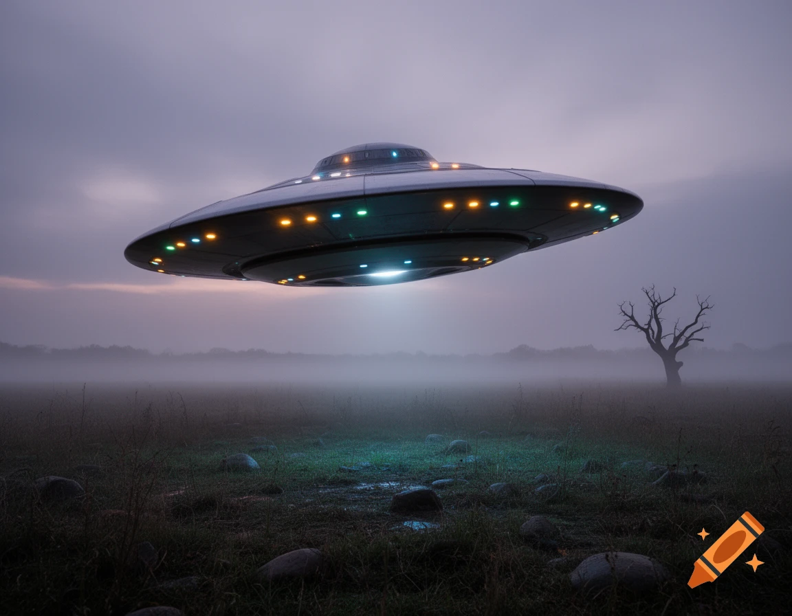 A photorealistic image of a classic flying saucer UFO hovering low over a misty field at dusk, with a bare tree.