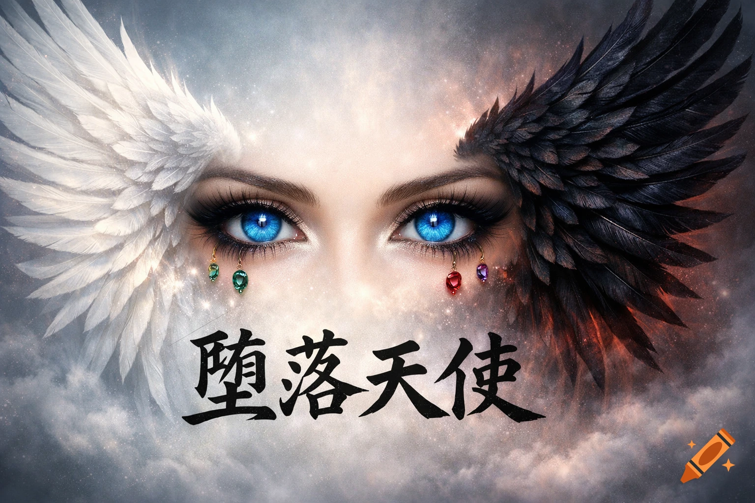 Close-up of vibrant blue eyes framed by a white and black wing, with colorful jewels below and Chinese characters reading 'Fallen Angel'.