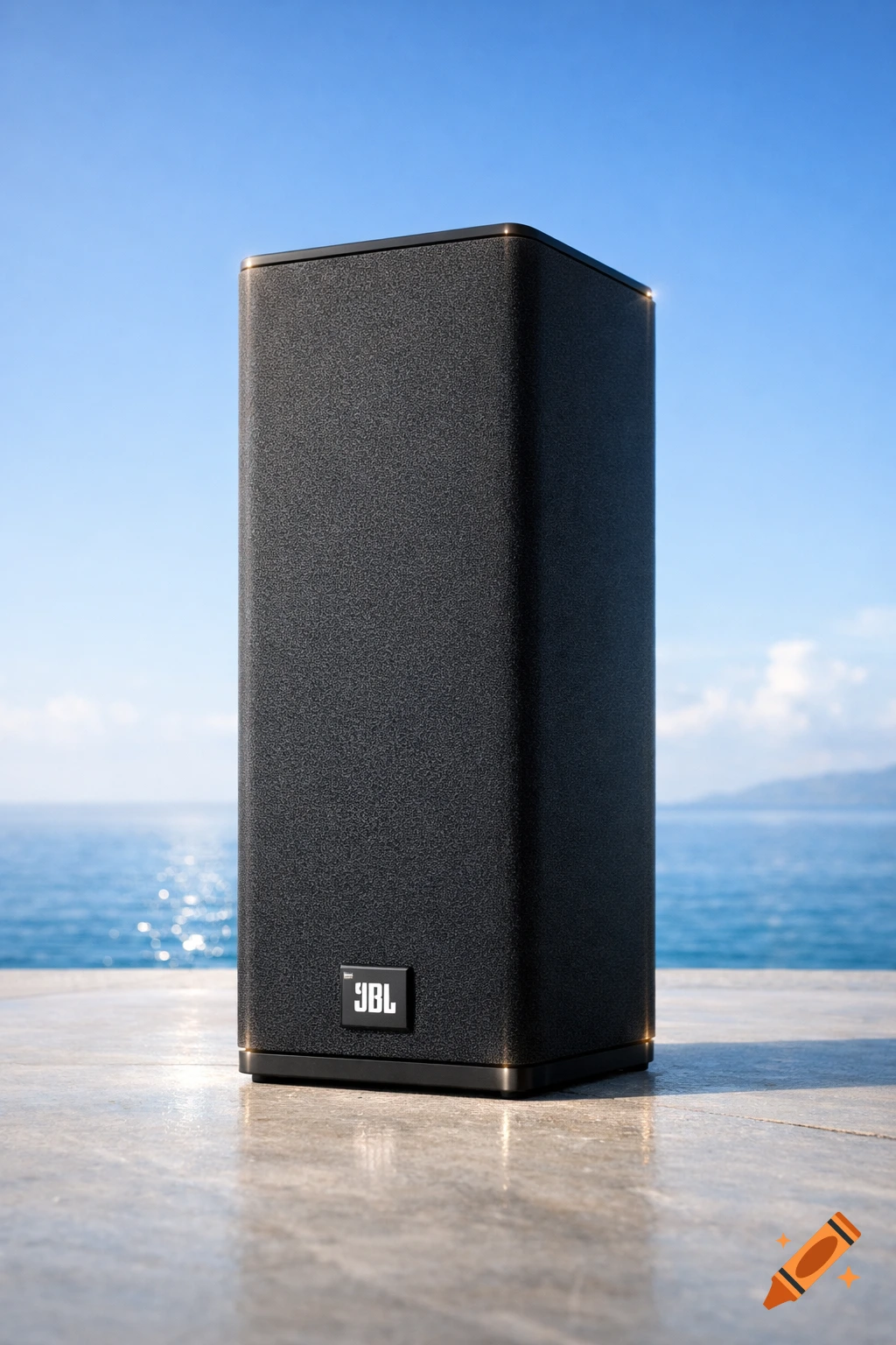A black JBL speaker stands on a concrete surface with the ocean and a bright blue sky in the background. Photorealistic style.