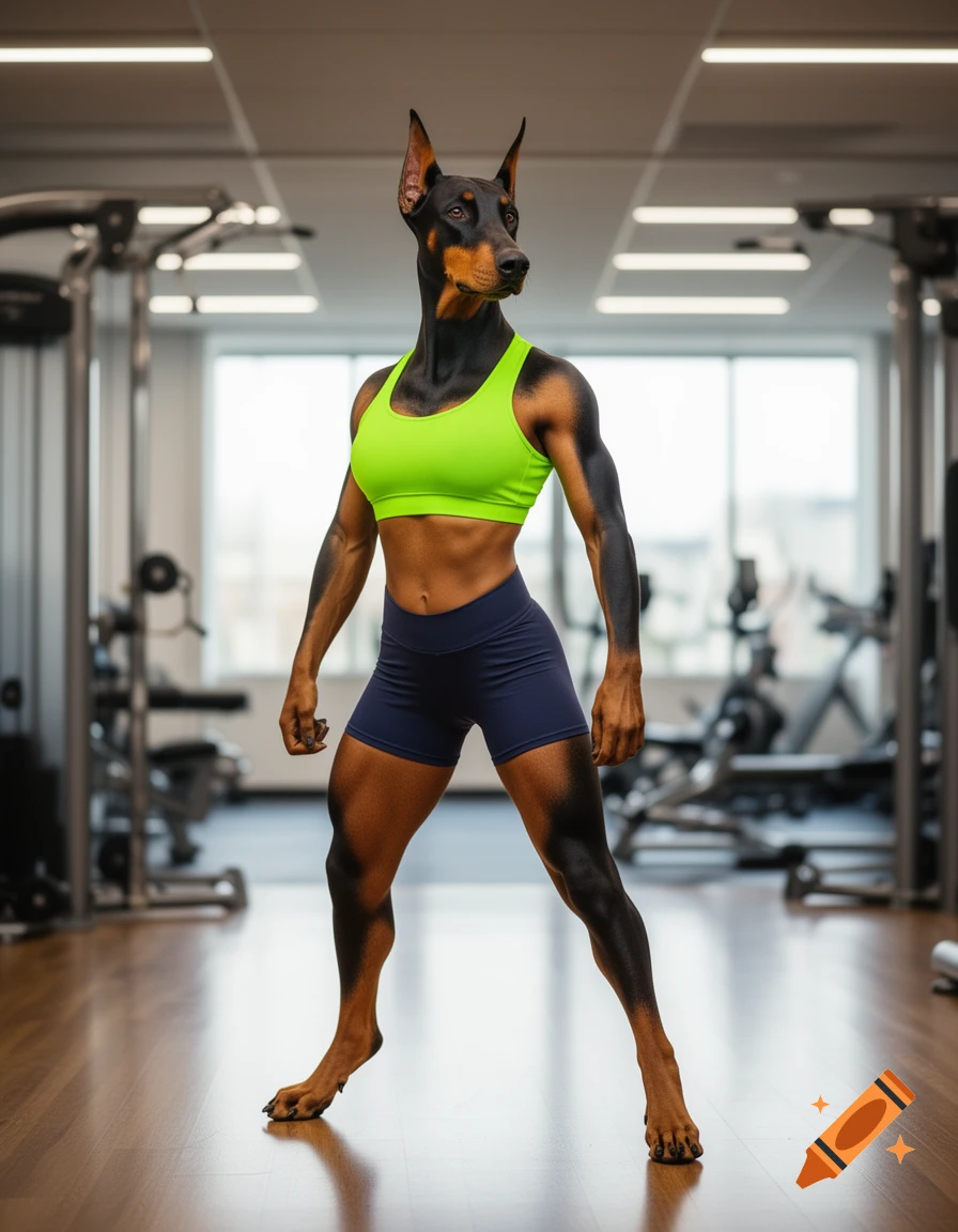 A muscular Doberman-headed figure in a neon green sports bra and navy shorts stands in a gym, looking to the side.