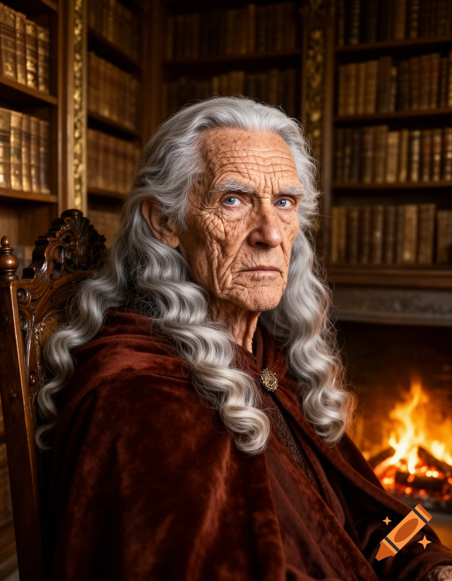 Photorealistic portrait of a serious, ancient man with long grey hair ...