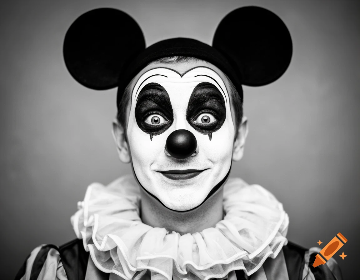 Black and white close-up portrait of a smiling person in clown makeup, a ruffled collar, and Mickey Mouse ears.