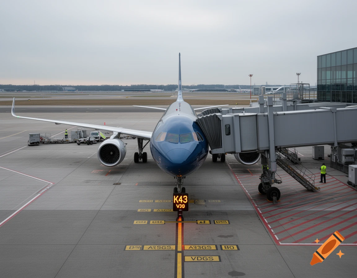 A blue and white airplane parked at gate K43 on an airport tarmac, connected to a jet bridge under an overcast sky.