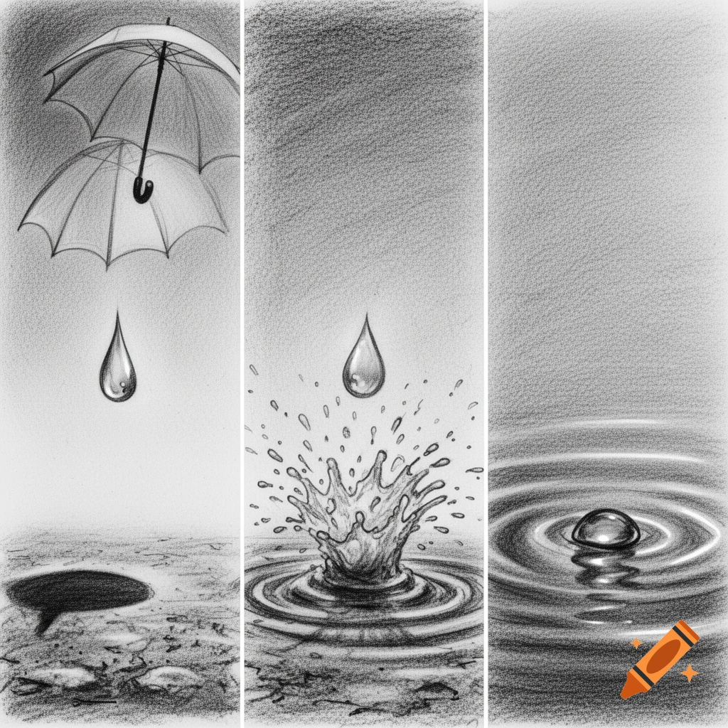 Three sequential charcoal drawings of a raindrop: falling towards umbrellas, splashing into a puddle, and creating ripples.