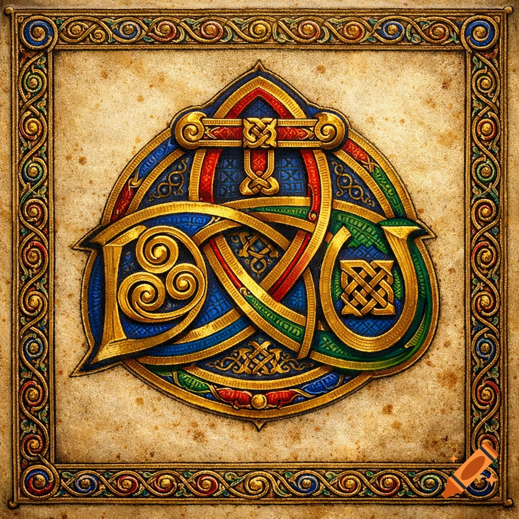 An intricate Celtic knotwork design forming three interwoven letters in gold, blue, red, and green on aged vellum parchment with a decorative border.