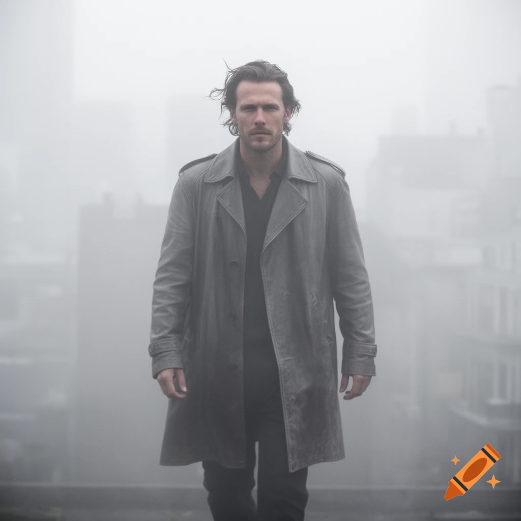 A man in a trench coat stands in thick fog, looking directly forward, with buildings faintly visible in the background.