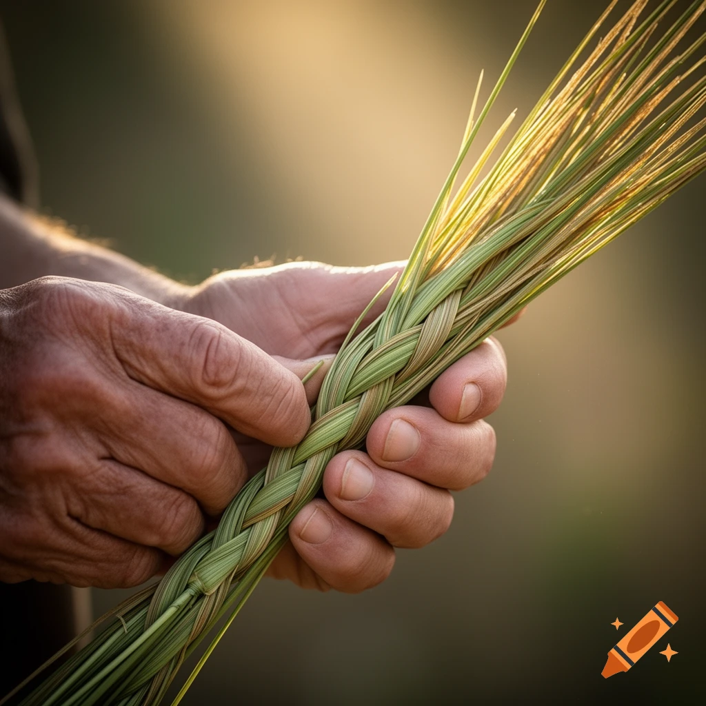 Close-up of weathered hands gently holding braided green sweetgrass under a soft, warm light.