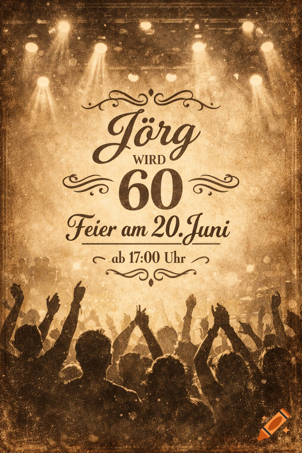 Vintage style birthday invitation for J rg's 60th, with celebrating crowd silhouettes and stage lights.