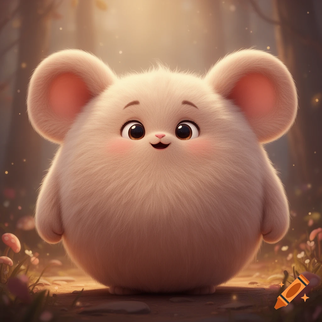A fluffy, round, light brown cartoon creature with large ears and big brown eyes smiles in a magical forest setting with soft lighting.