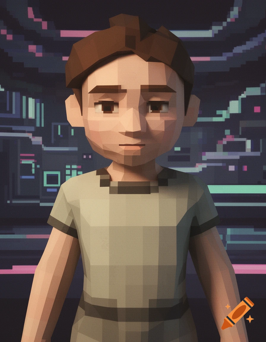 A low-polygon 3D rendering of a young person in a t-shirt, standing in front of a futuristic, pixelated background.
