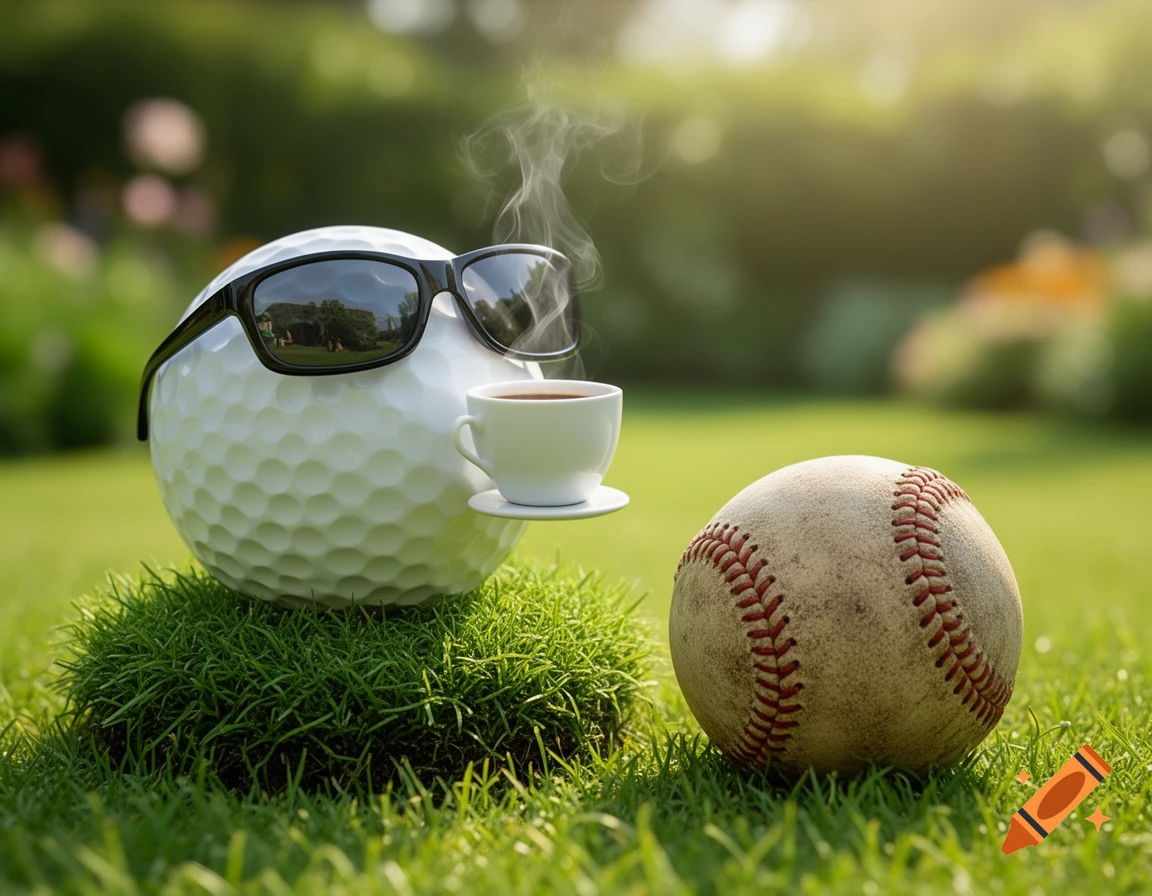 A golf ball in dark sunglasses sips coffee next to a baseball on sunny green grass.