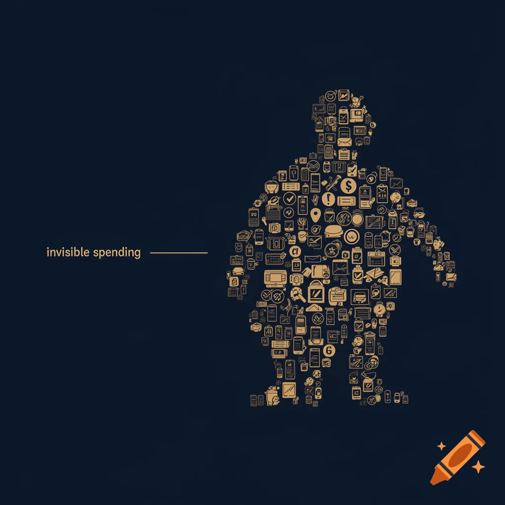 A human silhouette composed of numerous small, golden expense-related icons on a dark blue background, with the text 'invisible spending'.