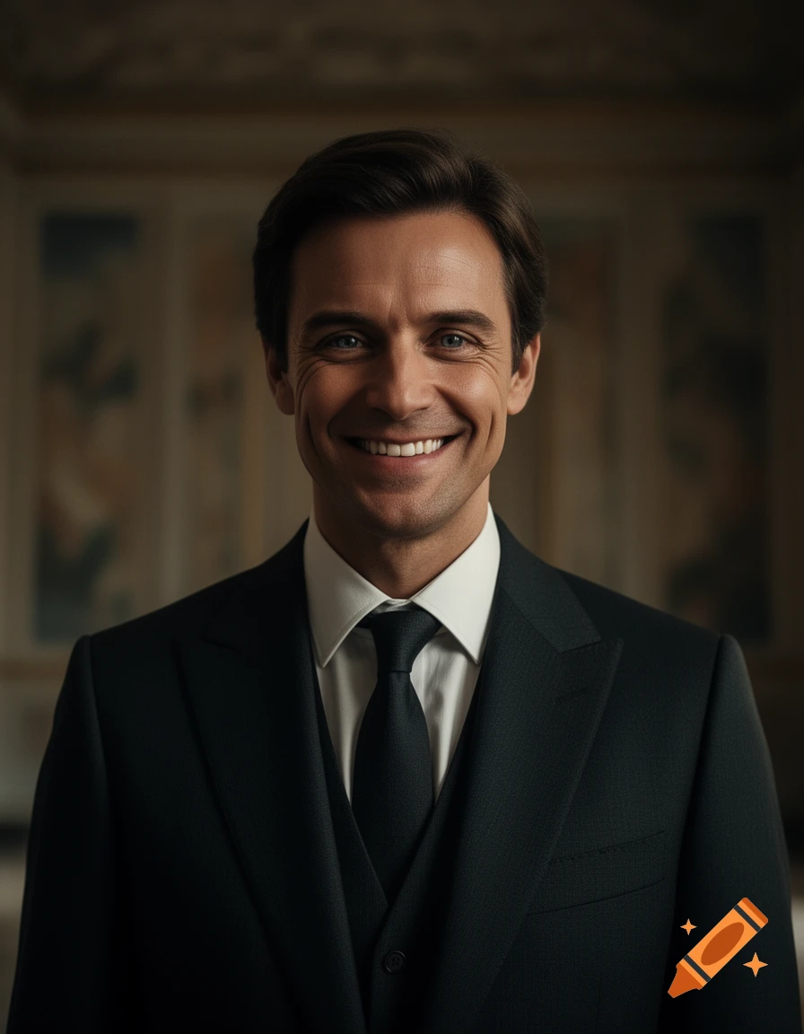 A smiling man in a black suit and tie, looking directly at the viewer in a formal setting.
