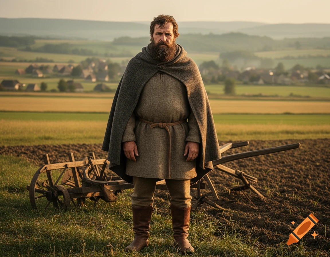 A bearded man in a grey tunic, cape, and boots stands in a field next to a wooden plow, with a village in the distant background.