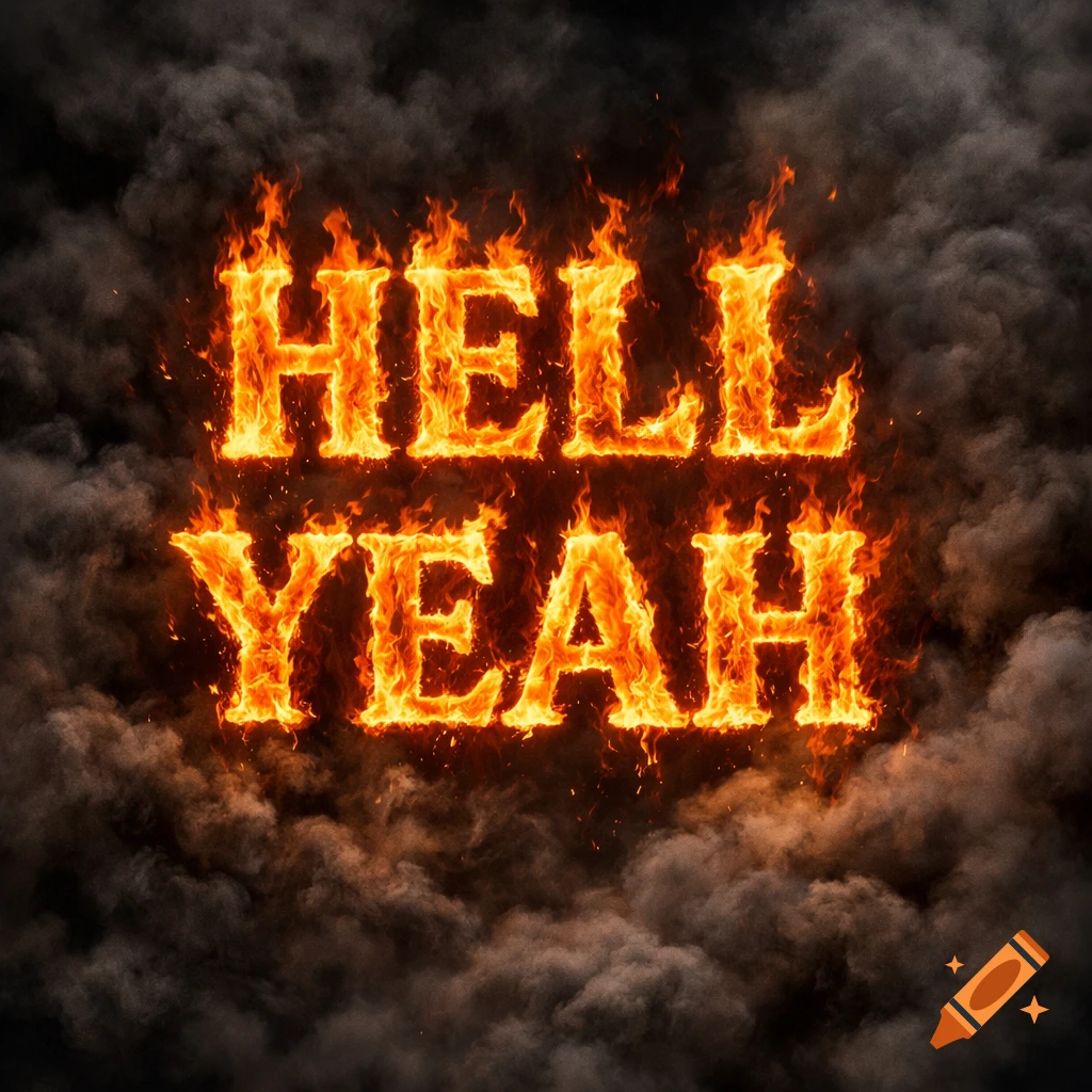 The words HELL YEAH spelled out in vibrant orange flames against a dark, smoky background.