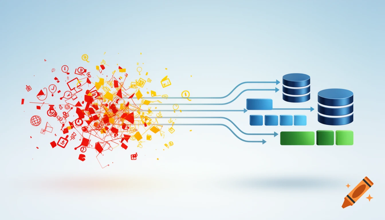 Abstract illustration of chaotic red and yellow data icons transforming into structured blue and green data blocks and database symbols via pipelines.