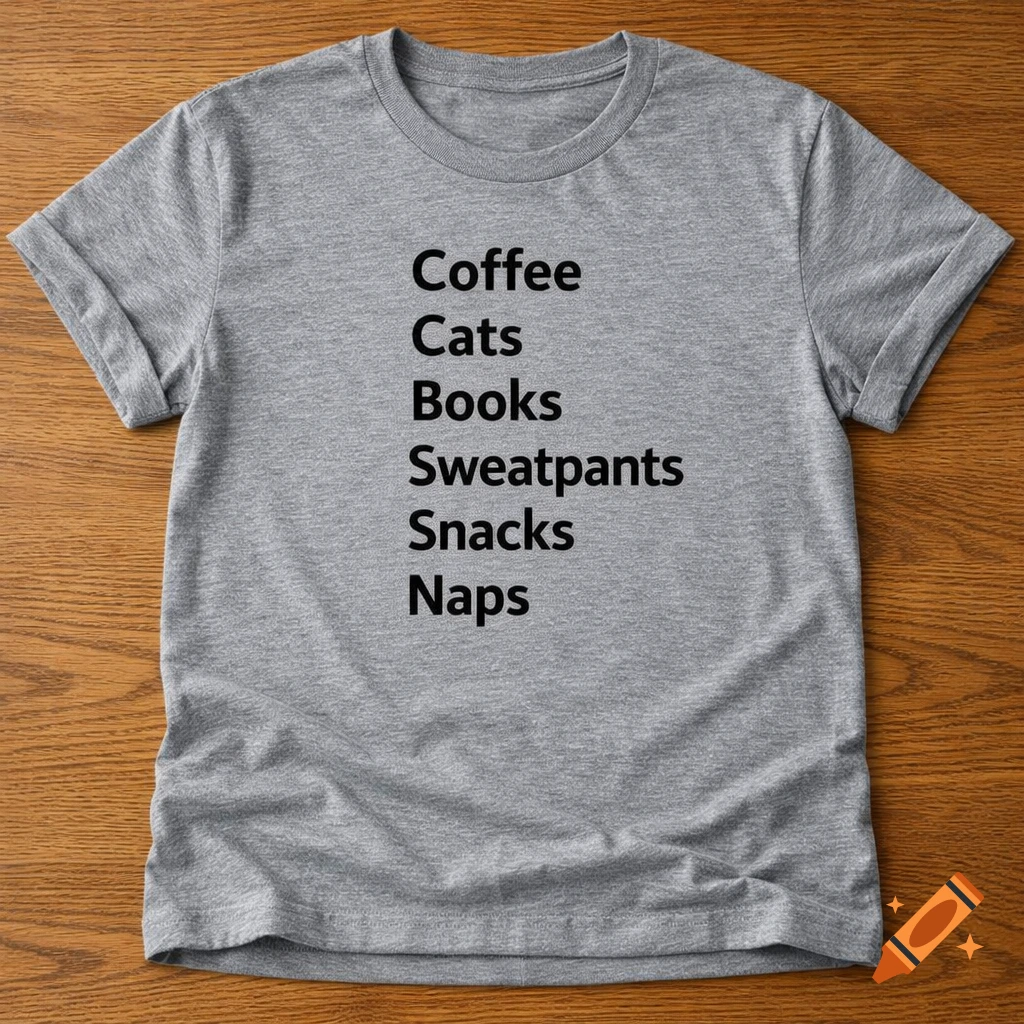 Gray t-shirt with a black list printed on it: Coffee, Cats, Books, Sweatpants, Snacks, Naps, laid flat on a wooden table.